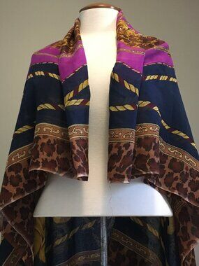 Vintage Mauritius Big Cat Rococo Brocade Scarf Shawl - Pink Gold Navy